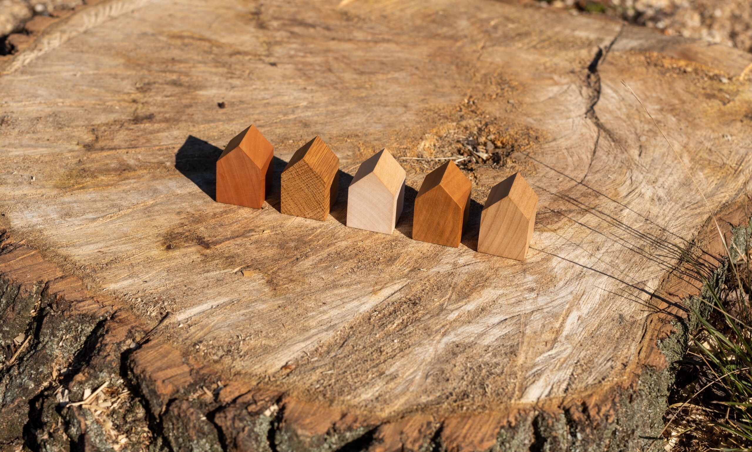 fából faragott kis épület modellek egy fatuskón elhelyezve